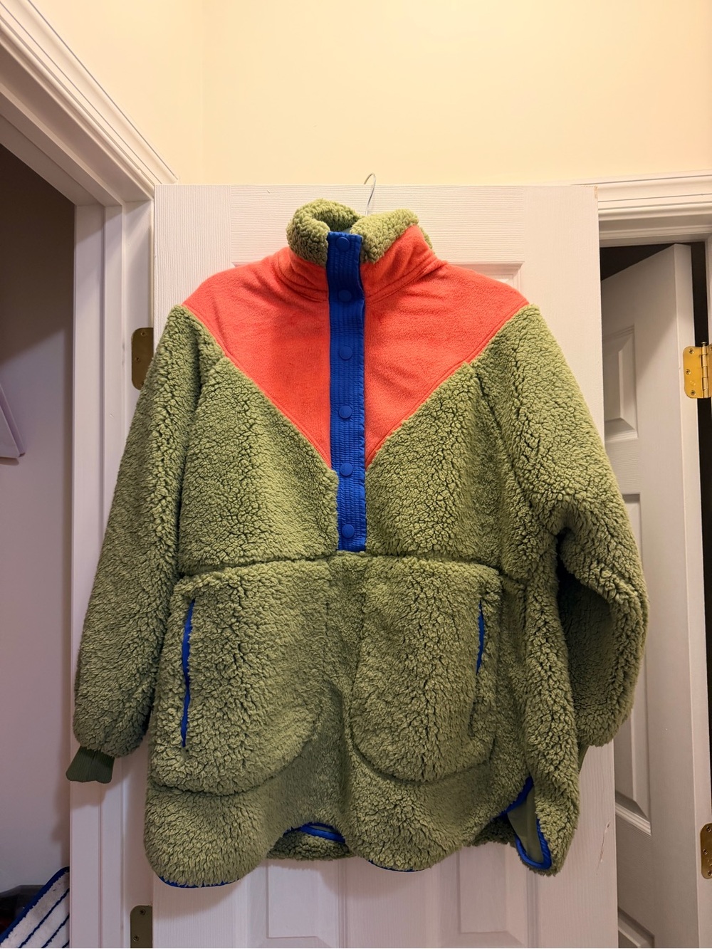 FP Movement by Free People Olive Green Sherpa Puffer with Coral Yoke & Blue Trim